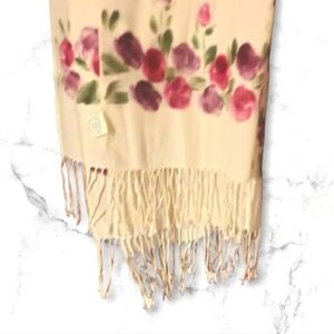 Morgan and Oates Off White, Pink & Green Merino Wool and Cashmere Scarf.